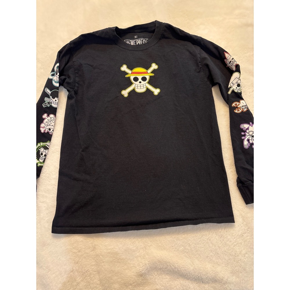 One Piece BoxLunch Mens M Black Long Sleeve Graphic Tee Straw Hat Jolly Roger